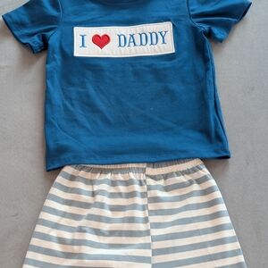 Blue Tee with Heart Design and Striped Shorts